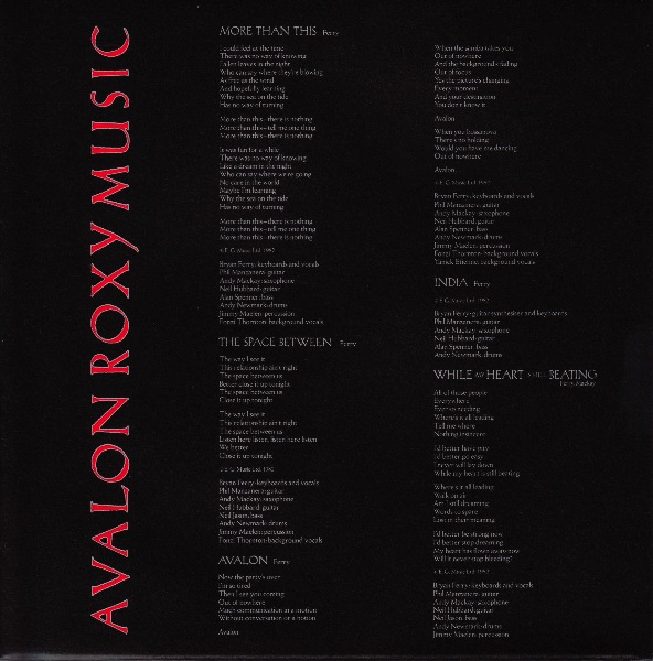 inner sleeve front, Roxy Music - Avalon